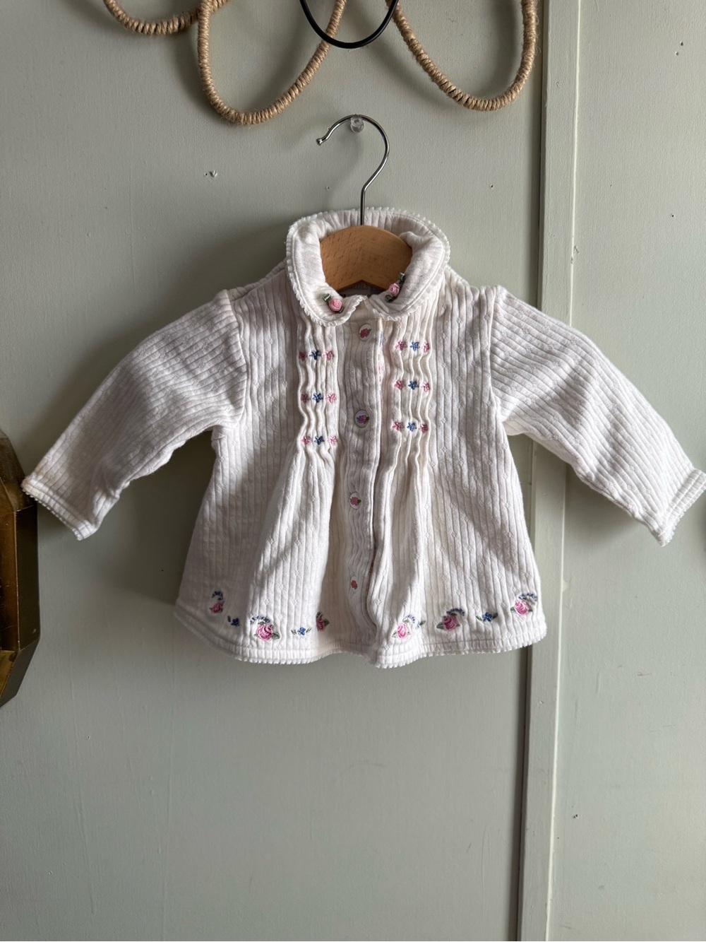 Vitamins Baby White Corduroy Jacket with Pink & Purple Floral Embroidery